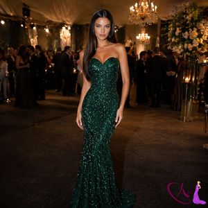 Vestido de noche ajustado con lentejuelas verde esmeralda |   Vestido de Fiesta de Lujo sin Tirantes para Invitadas de Boda |   Mezcla de Poliéster Premium Ecológica - Product Image 4