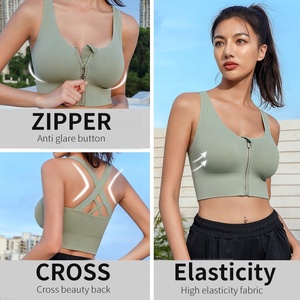 Women Wholesale Custom Fitness <b>Cross</b> Back Padded Sports Bra Seamless Zip Front Yoga Gym Sports Bra <b>Top</b> - Product Image 6