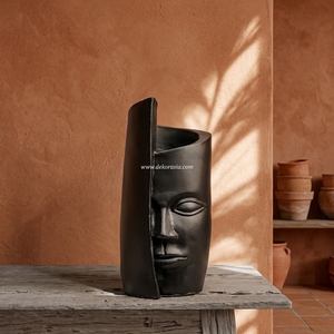 Severo Black Doff Handcrafted Earthenware <b>Ceramic</b> Face Vase Mask Sculpture Decorative Tabletop Vessel Modern Design 15x35cm - Product Image 6