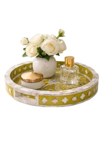 Yellow Mother of Pearl Inlay <b>Round</b> <b>Tray</b>, Floral Bone Inlay Serving Decor - Product Image 6