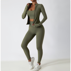 Women Yoga Set Solid <b>Olive</b> <b>Green</b> 2 Piece Crop Top High Waist <b>Leggings</b> Full Length Seamless Breathable Spandex Polyester - Product Image 1