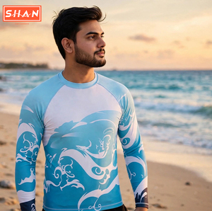 SHAN Maillot de bain anti-UV à manches longues pour homme, imprimé par sublimation, motif vague bleue, en polyester, tailles adultes - Product Image 2