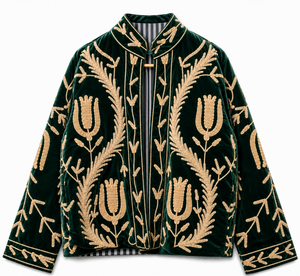 Purple <b>Velvet</b> Woven Embroidered Autumn/Winter/Spring <b>Jacket</b> Stand Collar Zipper <b>Women</b> Outerwear Floral Pattern Polyester/Cotton - Product Image 3