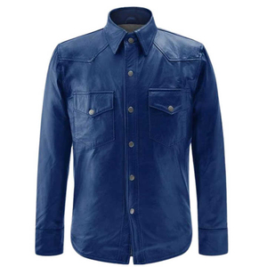 Classic Style Genuine Leather Men's Brown Shirt Summer Solid Front Logo Finished Breathable Made to Order - Product Image 1