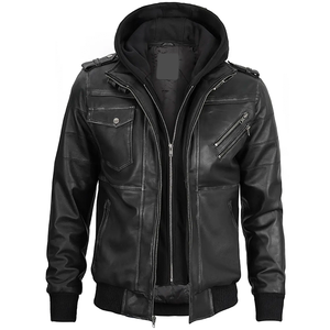 Blouson en cuir de vachette noir OEM 2026 pour homme, avec capuche, col, poches zippées, imperméable, haute qualité, faible MOQ, mode hiver, logo frontal - Product Image 1