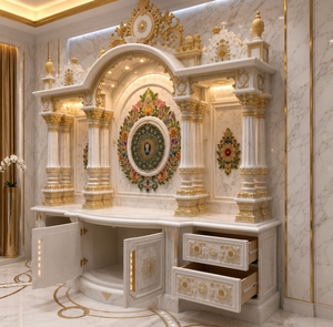 Large Size Marble Look Teak Wood <b>Mandir</b> Pooja Room Premium Hand-Carved Hindu Temple Cabinet Custom Professional Detachable - Product Image 4
