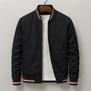 Blouson bomber pour homme, couleur unie, fermeture éclair, col rabattable, coupe-vent décontracté en polyester, idéal pour l'automne - Product Image 3