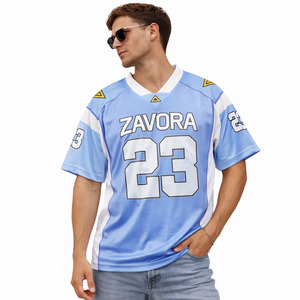 เสื้อเจอร์ซีย์อเมริกันฟุตบอลสีน้ำเงินไล่เฉดแบบตาข่าย คอวี แขนสั้น สำหรับผู้ชาย ปรับแต่งได้ตามต้องการ ชุดทีม ระบายอากาศได้ดี เสื้อยืดกีฬา รับผลิตแบบ OEM ขายส่ง - Product Image 1
