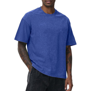Oversized Blue Cotton <b>T</b>-<b>Shirt</b> Men's Casual Short Sleeve O-Neck Solid Color Jersey Knitted Plain Dyed Fit - Product Image 3