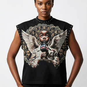 Camiseta sin mangas con estampado gráfico personalizado DTG y pedrería, 100% algodón jersey, tela suave, estilo vintage moderno, unisex. - Product Image 4