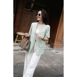 Women's HAGOO Solid Loose-Fitting Wool Blend Blazer Embroidery V-Neck Collar Pockets Short Sleeves Office Commute Outerwear - Product Image 1