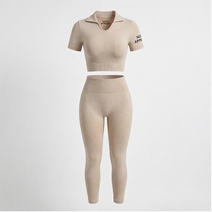 Conjunto de Yoga de 2 Piezas North Approach, Top Corto Beige Sólido, Leggings de Cintura Alta, Ropa Deportiva sin Costuras, Ropa Deportiva para Mujer - Product Image 1