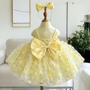 Robe de princesse en tulle jaune à fleurs pour filles, bretelles réglables, deux nœuds à la taille, grand nœud au dos, bandeau assorti, pour enfants - Product Image 5