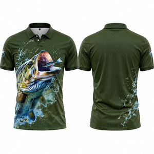 เสื้อโปโลตกปลาสีเขียวสำหรับผู้ชาย แขนสั้น แห้งเร็ว พิมพ์ลายปลาเบส คอปกติดกระดุม ทรงปกติสำหรับผู้ใหญ่ - Product Image 1