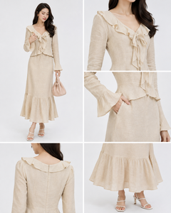 Beige Cotton-<b>Linen</b> Ruffled V-Neck Two-Piece Set | Long Sleeve Peplum <b>Top</b> Tiered Maxi Skirt Modern Breathable Natural Party Wear - Product Image 4