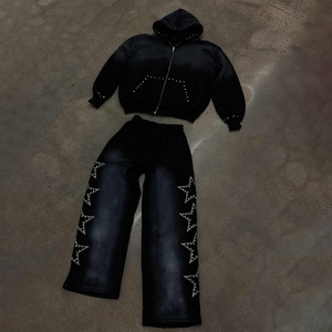 Ensemble de survêtement pour homme style vintage délavé à l'acide avec fermeture éclair, étoiles en strass personnalisées, ensemble de survêtement à capuche long et pantalon de survêtement ample - Product Image 2
