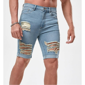 Shorts en jean décontractés extensibles pour hommes, nouvelle mode estivale, bleu/noir uni, écologiques, service OEM, taille haute avec cordon de serrage - Product Image 1