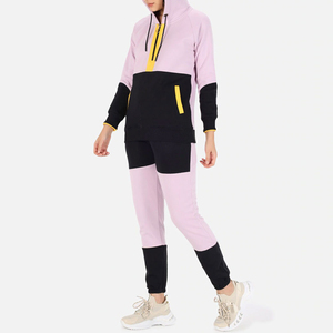 Women's <b>Pink</b> Color Blocking Hooded <b>Tracksuit</b> Set Full Sleeve Ankle-Length Pants With Side Pockets Breathable Casual Wear - Product Image 5