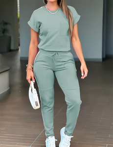 Women 2-Piece Woven Fleece Set Mint Green Short Sleeve Top Jogger Pants Casual Solid Color Summer Breathable Eco-Friendly Quick - Product Image 1