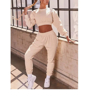 Ensemble de survêtement en molleton uni pour femme, automne, pull à manches longues, haut court et pantalon de survêtement, tenue respirante en 2 pièces - Product Image 6