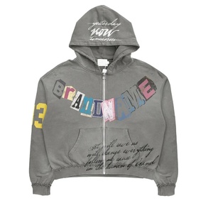 Oversized Crop Zip-Up <b>Hoodie</b> With Brand Name Print And Front Pocket Streetwear Men Hooded Sweatshirt <b>American</b> Fashion USA Style - Product Image 3