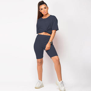 Women's Summer Plus Size Short Sleeve Solid T-Shirt & Knee Drawstring Biker Shorts Patches New Design Two-Piece <b>Set</b> 100% Cotton - Product Image 6