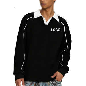เสื้อโปโลแขนยาวปักโลโก้แบบกำหนดเอง แต่งขอบตัดสีสไตล์วินเทจ คอวี ทรงรักบี้ เสื้อสเวตเชิ้ตสไตล์ลำลอง สตรีทแวร์ ทรงหลวม - Product Image 1