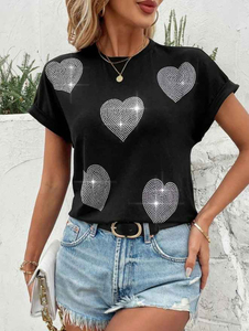 Women Casual Crew Neck Half Sleeve Anti Wrinkle Breathable Eco Friendly Polyester Cotton Spring Summer Solid Rhinestone T Shirt - Product Image 2