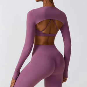 Women's Eco-Friendly Solid Purple 2-Piece Yoga <b>Set</b> <b>Square</b> Neck Sleeveless Crop Top High Waist Leggings Seamless Cut-Out Design - Product Image 3