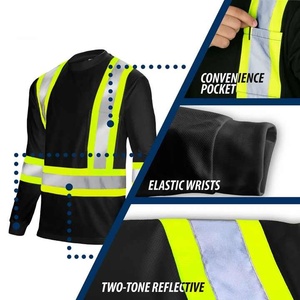 Men's High Visibility Reflective Long Sleeve <b>Work</b> Shirt <b>Black</b> with Yellow and Silver Stripes Polyester Material - Product Image 5
