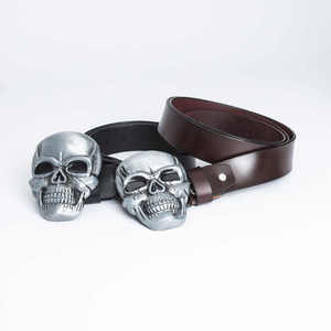 Ceinture en cuir véritable avec boucle tête de mort argentée, en cuir de vachette, décontractée, durable, moulée d'une seule pièce, noire et marron unies - Product Image 4