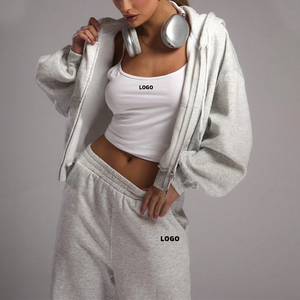 Women Full <b>Zip</b> Hooded <b>Crop</b> Sweatshirt Set Solid Casual Tracksuit With Side Pockets Loose Fit Autumn Wear - Product Image 5