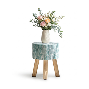 Tabouret en mosaïque de coquillages naturels nordiques, table d'appoint ronde en nacre de haute qualité, petite table basse minimaliste à pieds en bois pour la maison - Product Image 5
