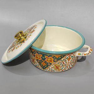 Casserole en céramique orientale avec couvercle, design rond, revêtement émaillé, durable, lavage à la main uniquement - Product Image 3