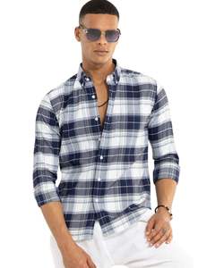 Chemise en coton à carreaux bleu marine, gris et blanc pour homme, manches longues, boutonnée, décontractée, coupe ajustée, fabrication OEM sur mesure - Product Image 1