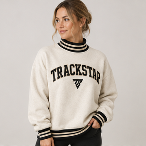 Women's Oatmeal Mock Neck <b>Sweatshirt</b> with <b>White</b> Striped Trim Varsity Letters Long Sleeve Custom Logo - Product Image 4