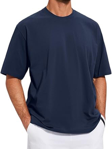 T-shirt en coton bleu foncé surdimensionné pour homme, manches courtes, col rond, couleur unie, logo sur le devant, séchage rapide, coupe ajustée - Product Image 3