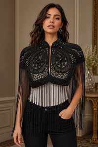 Women's Black Polyester Beaded Fringe Cape with Embroidery Decorative <b>Wrap</b> <b>for</b> <b>Wedding</b> Party Wear COTTON COUTURE - Product Image 4