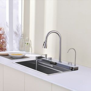Fregadero de cocina de un solo tazón de acero inoxidable 304 con cascada tipo ballena, lavabo doméstico para lavar verduras con grifo extraíble - Product Image 5