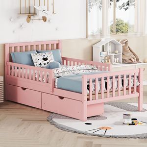 Letto a piattaforma in legno rosa per bambini, misura twin, con sponde su entrambi i lati e due cassetti contenitori - Product Image 2