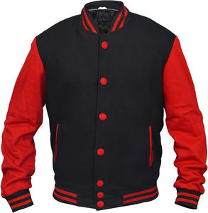 Veste universitaire unisexe noire et rouge, coupe ample, décontractée, coupe-vent, logo sur le devant, col rabattable, fermeture éclair, vêtement d'hiver - Product Image 1