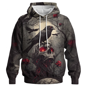 Sudadera con Capucha de Alta Calidad para Hombre con Gráfico de Calavera de Cuervo Gótico Espeluznante, en Poliéster/Algodón Suave - Product Image 1