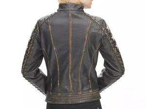 Blouson en cuir marron et noir vieilli pour femme avec étoiles, style vintage moto, à lacets, veste de motard zippée, haut tendance pour femme - Product Image 6
