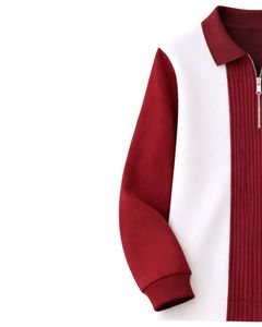 Sweat-shirt polo zippé rouge et blanc pour homme, avec empiècements côtelés, en molleton décontracté, à manches longues, style streetwear, coupe premium - Product Image 3