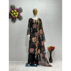 TRENDING GEORGETTE ESPEJO BORDADO IMPRESO DIGITAL TRABAJO TOP PALAZZO CON DUPATTA NEGRO - Product Image 1