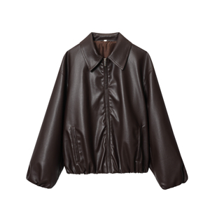 Brown Color Turn <b>Down</b> Collar Zipper Fly Drop Shoulder Long Sleeve Casual Fashion PU Leather <b>Jacket</b> Coat for <b>Women</b> - Product Image 1