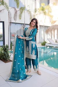 Latest <b>Women</b> <b>Wedding</b> Wear Fendy Silk with Codding Sequins Embroidered Work Salwar Kameez <b>Suit</b> with Lace Border Dupatta Dress - Product Image 5