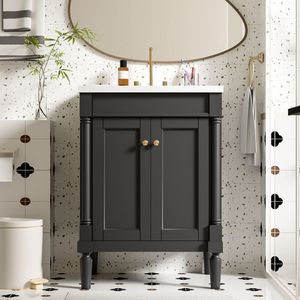 Mobile bagno moderno da 24 pollici con lavabo singolo e ripiani a 2 livelli, ampio mobiletto contenitore per bagno con lavabo singolo - Product Image 1