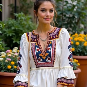 Elegante Vestido Maxi Bohemio con Bordado Tribal para Mujer, Diseño Étnico de Inspiración Vintage en Tela Blanca Suave, Vestido Largo Fluido - Product Image 1