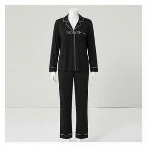 Conjunto de Pijama de 2 Piezas para Mujer, Color Negro, Manga Larga, Cuello en V, Botones al Frente, Color Sólido, Ropa Casual para Estar en Casa, Invierno, Corte Regular, 100% Algodón - Product Image 1